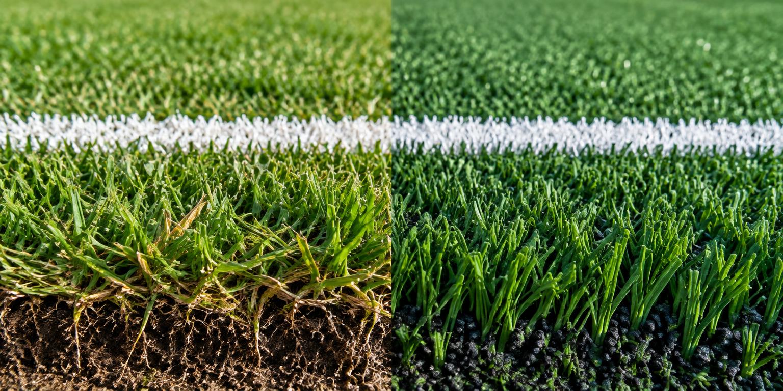 Illustration comparing living grass and synthetic football turf, with a painted white line across both