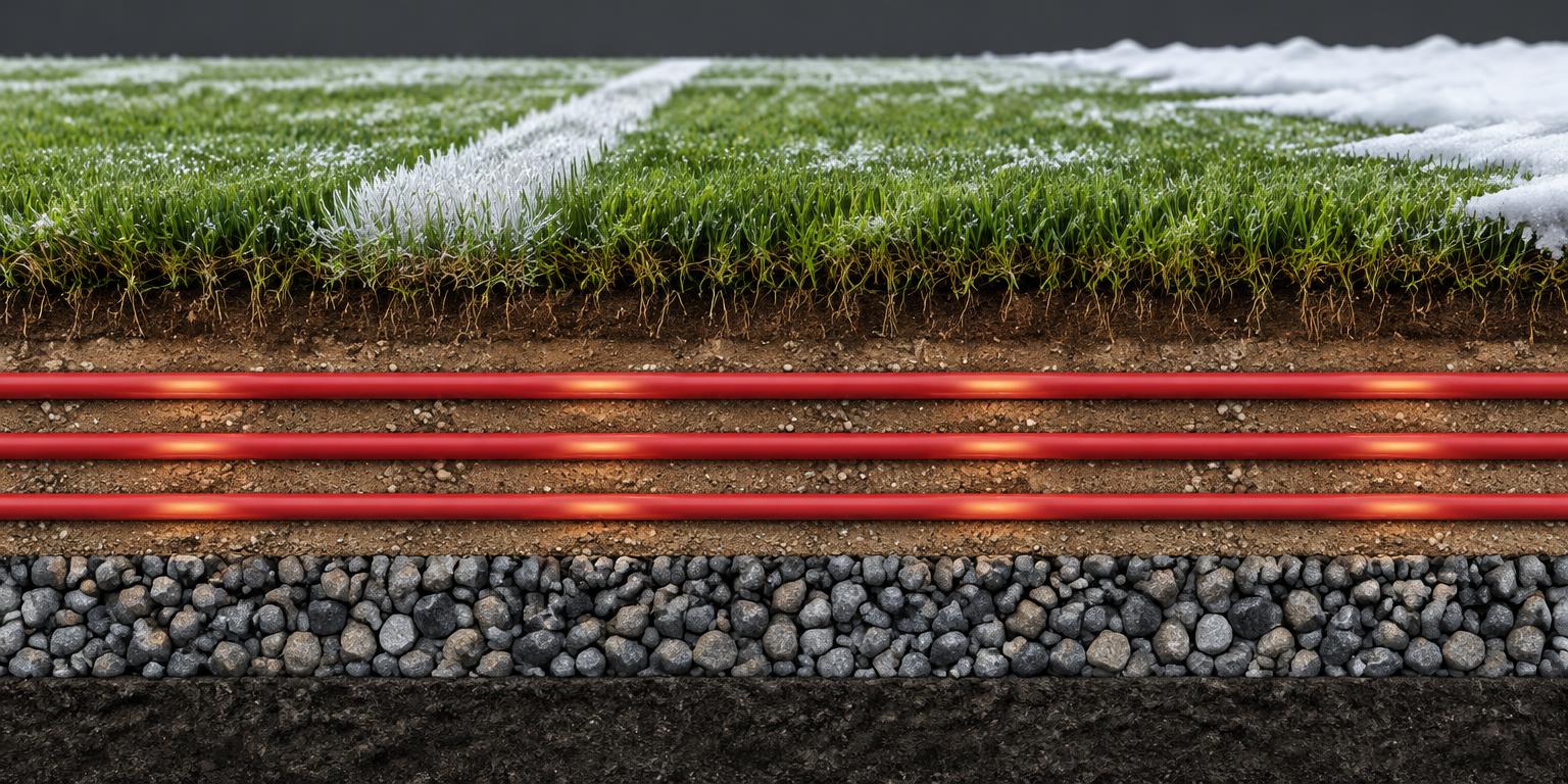Illustrative cutaway of living football grass above underground heating pipes and a drainage layer