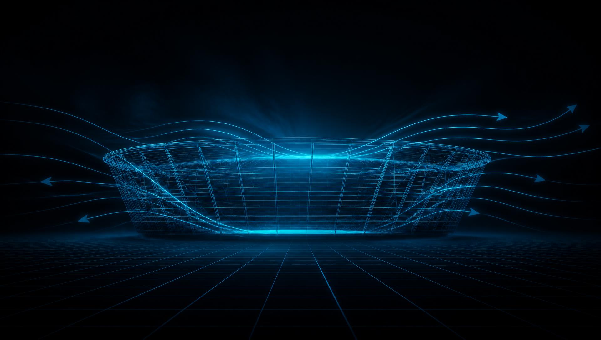 Wireframe stadium with wind flow lines representing AI microclimate analysis
